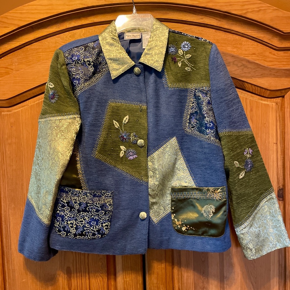 Womens Napa Valley Blue Jacket Embroidered Patchwork Brocade Accents Hong Kong S